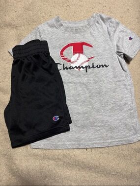 Champion Kids Gray Tee with Black Shorts Set - Red Logo